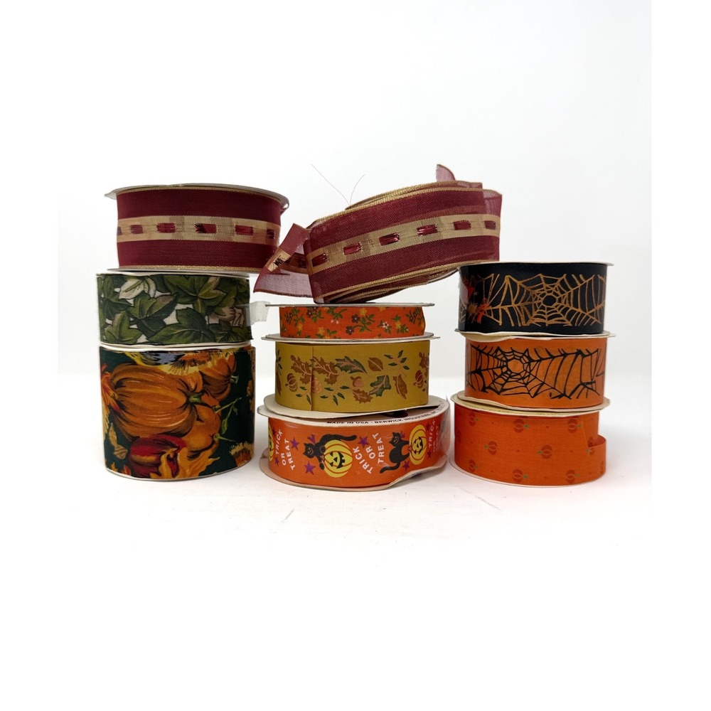Vintage Fall Halloween Ribbon Destash Lot Pumpkin Spiderweb Autumn Craft Decor